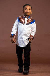 Timi Mixed Print Boy Shirt | White and African Ankara Print