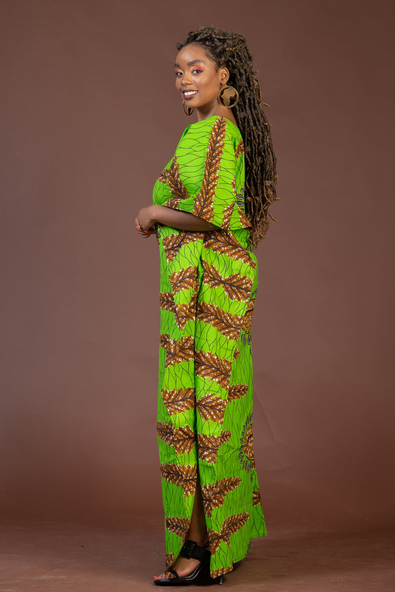 Geni Ankara Maxi Dress | Green and Brown African Print