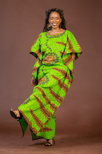 Geni Ankara Maxi Dress | Green and Brown African Print