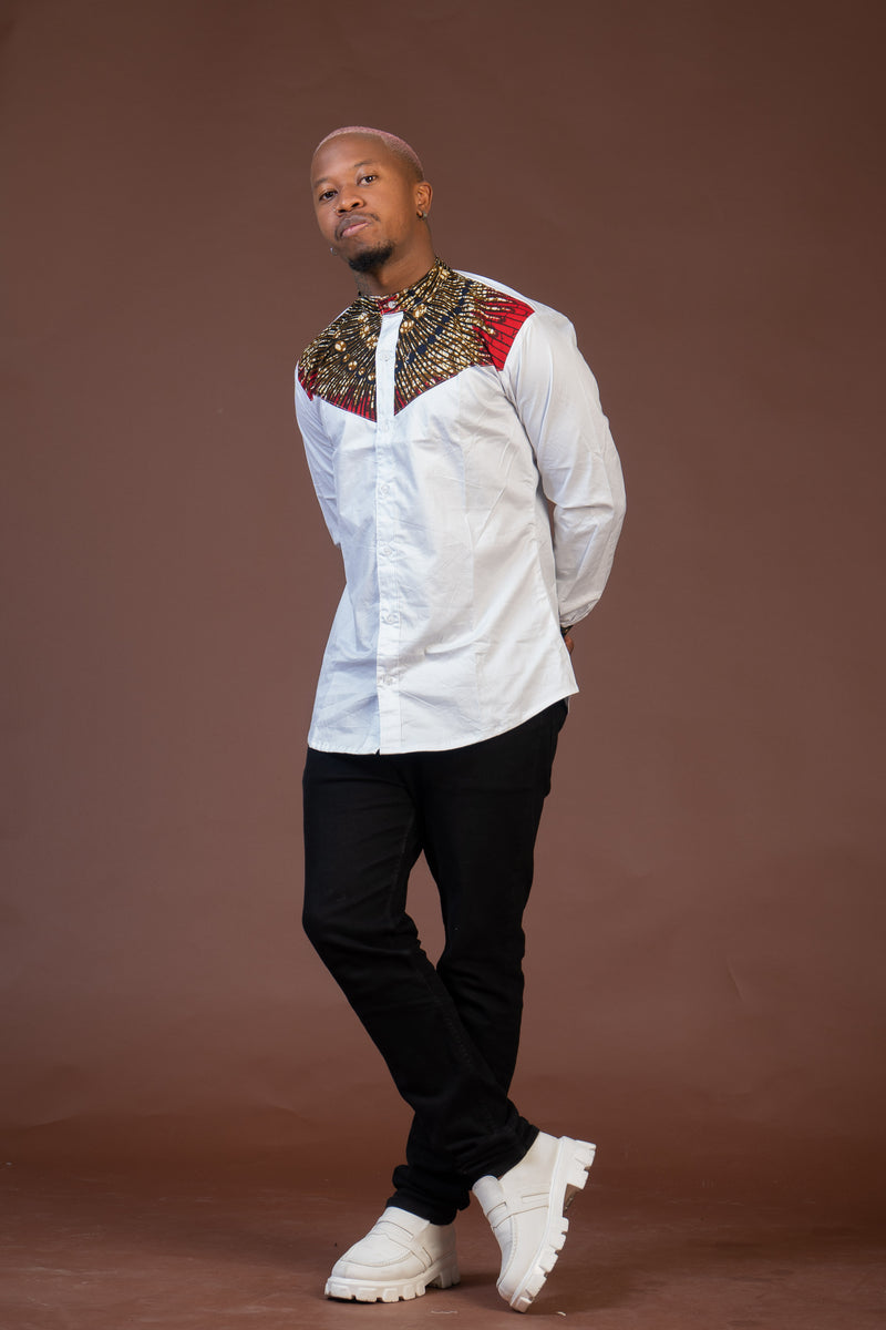 Colton Mixed Print Men Shirt | White and African Print