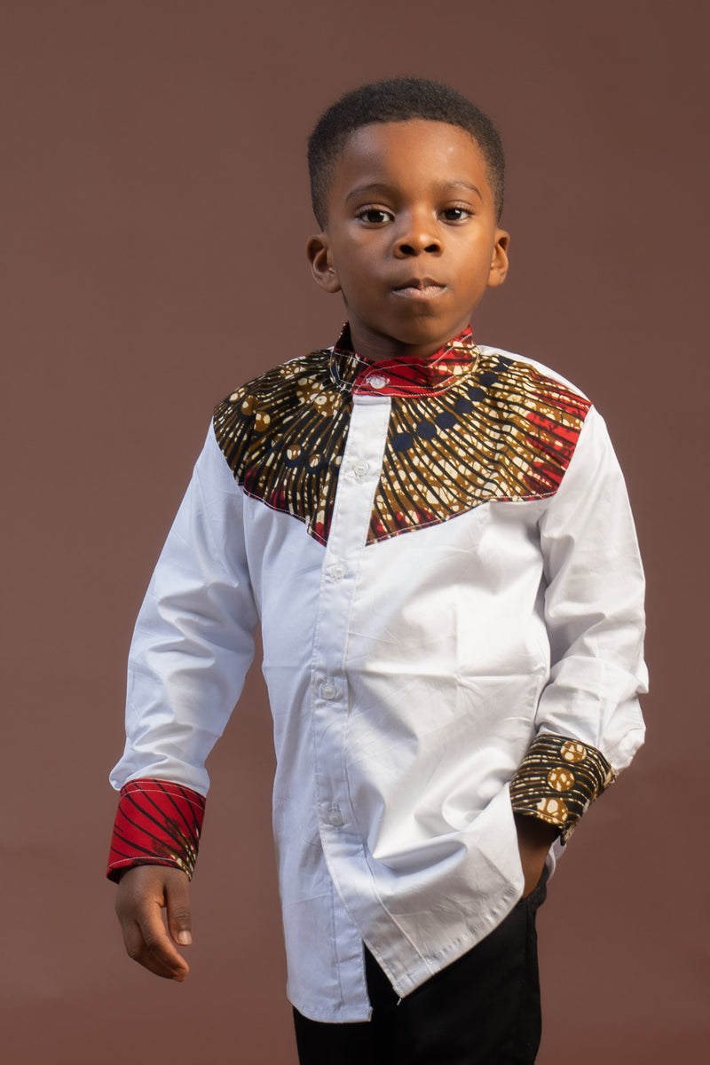 Colton Mixed Print Boy Shirt | White and African Print