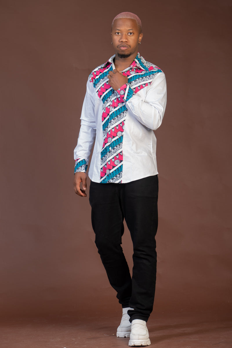 Terry Mixed Print Men Shirt | White and Ankara African Print