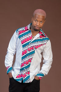 Terry Mixed Print Men Shirt | White and Ankara African Print