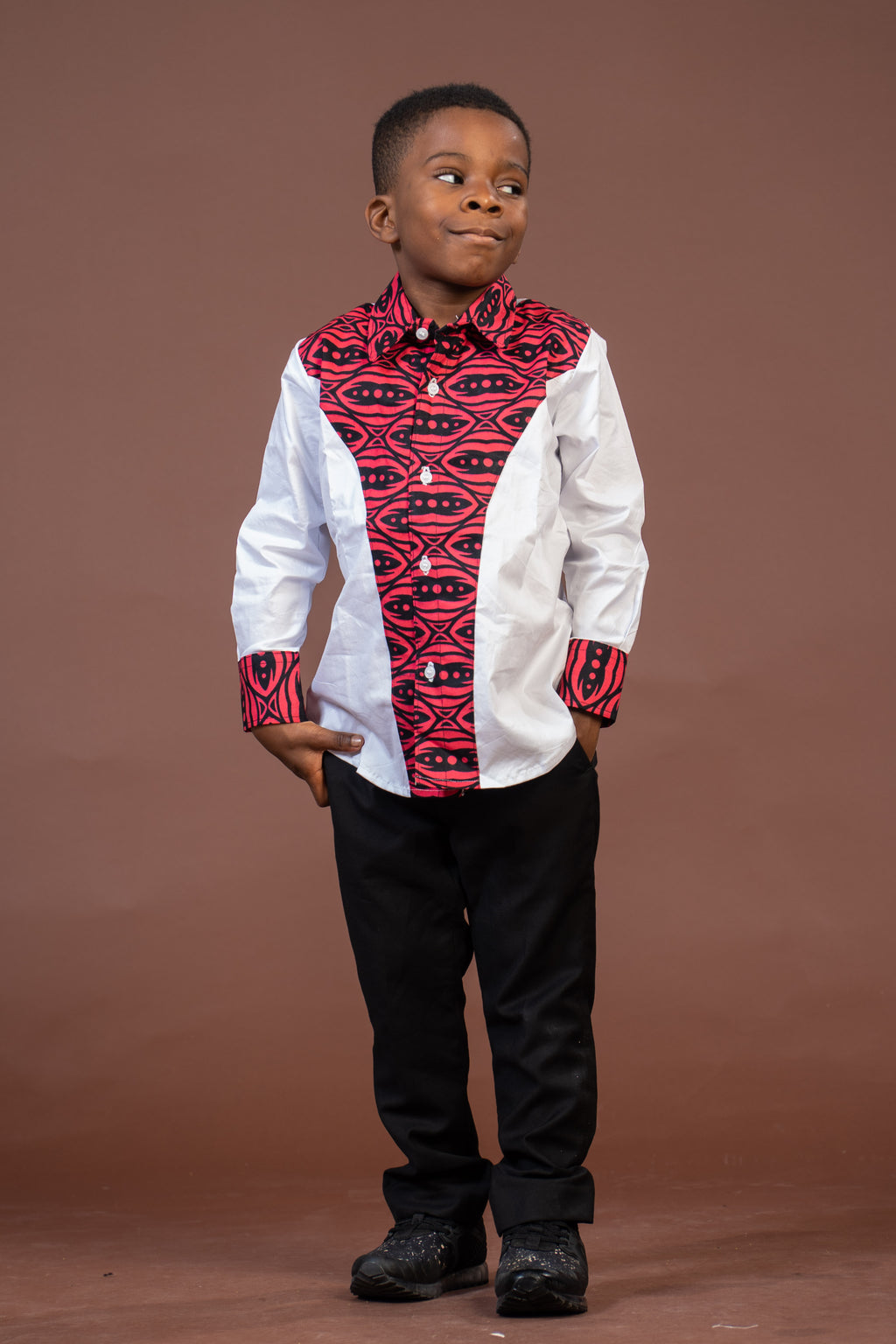 Titan Mixed Print Boy Shirt | White and African Ankara Print