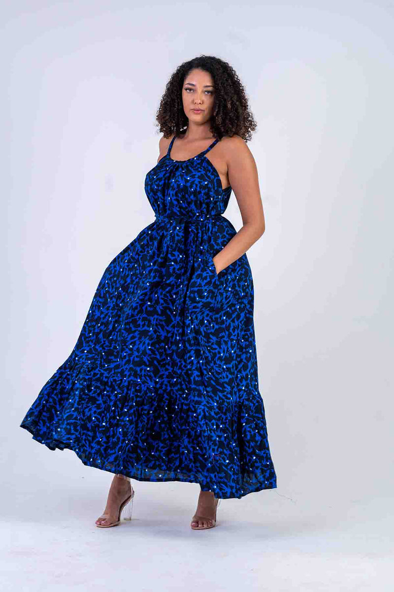 Mbakara Ankara Maxi Dress | Blue and Black African Print