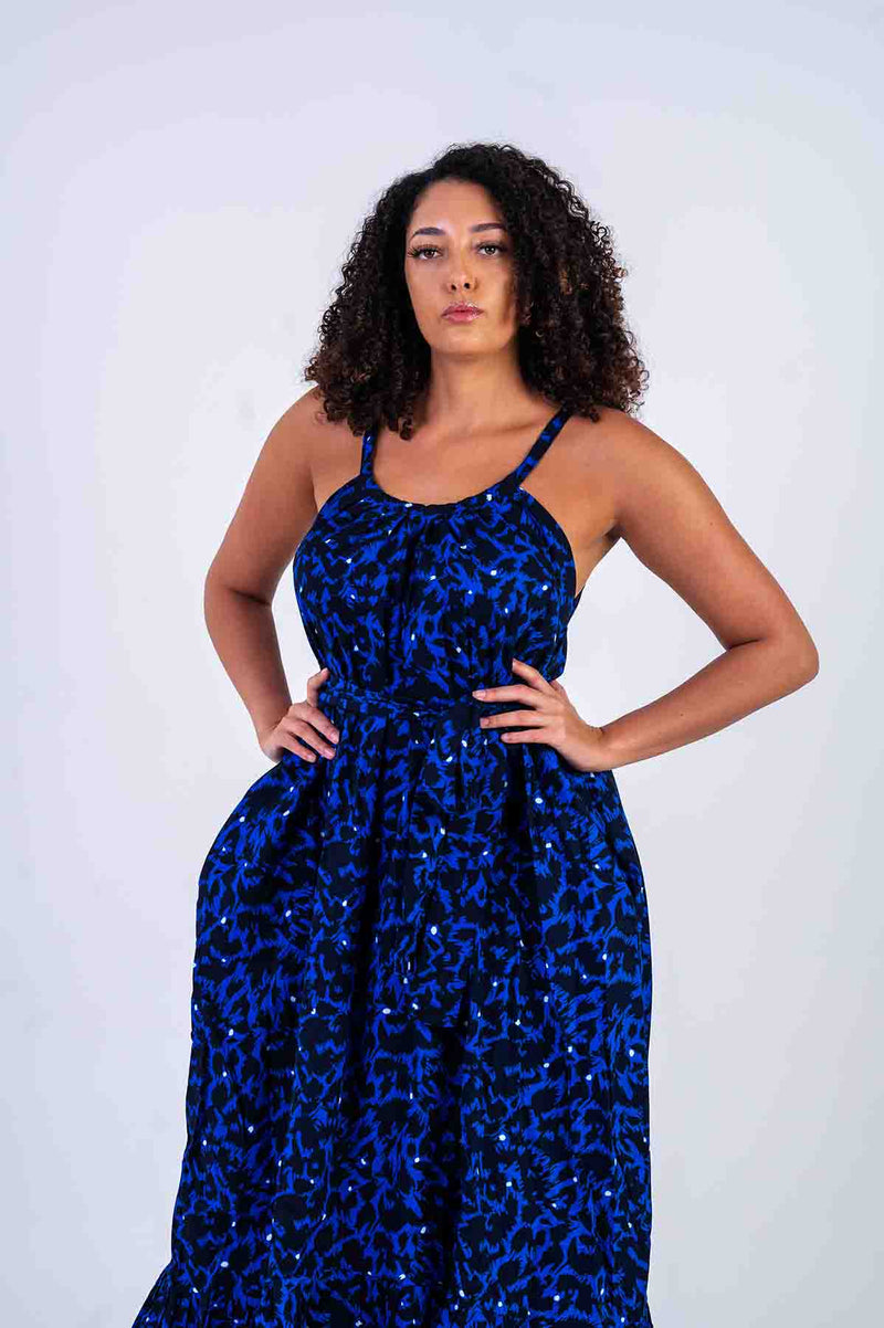 Mbakara Ankara Maxi Dress | Blue and Black African Print