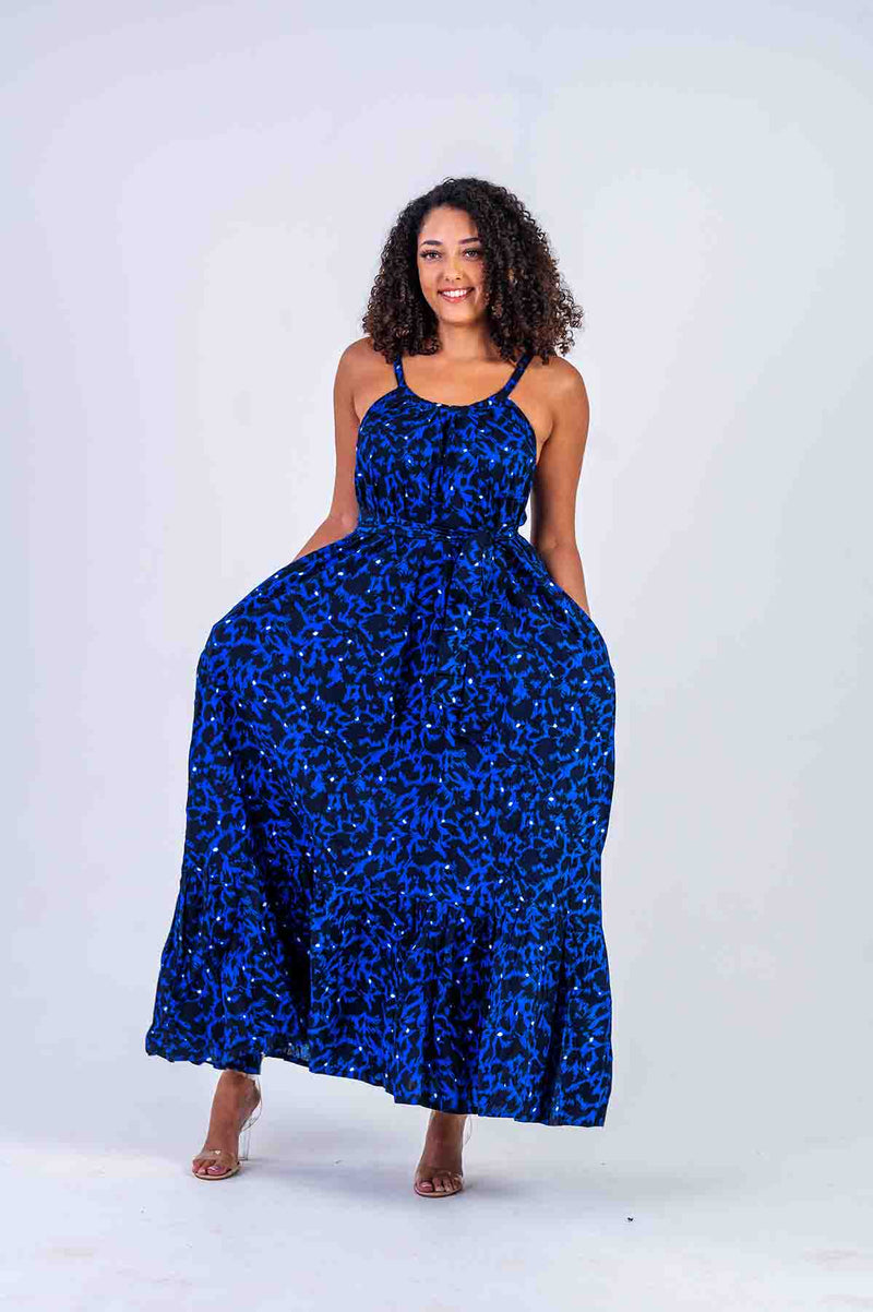 Mbakara Ankara Maxi Dress | Blue and Black African Print