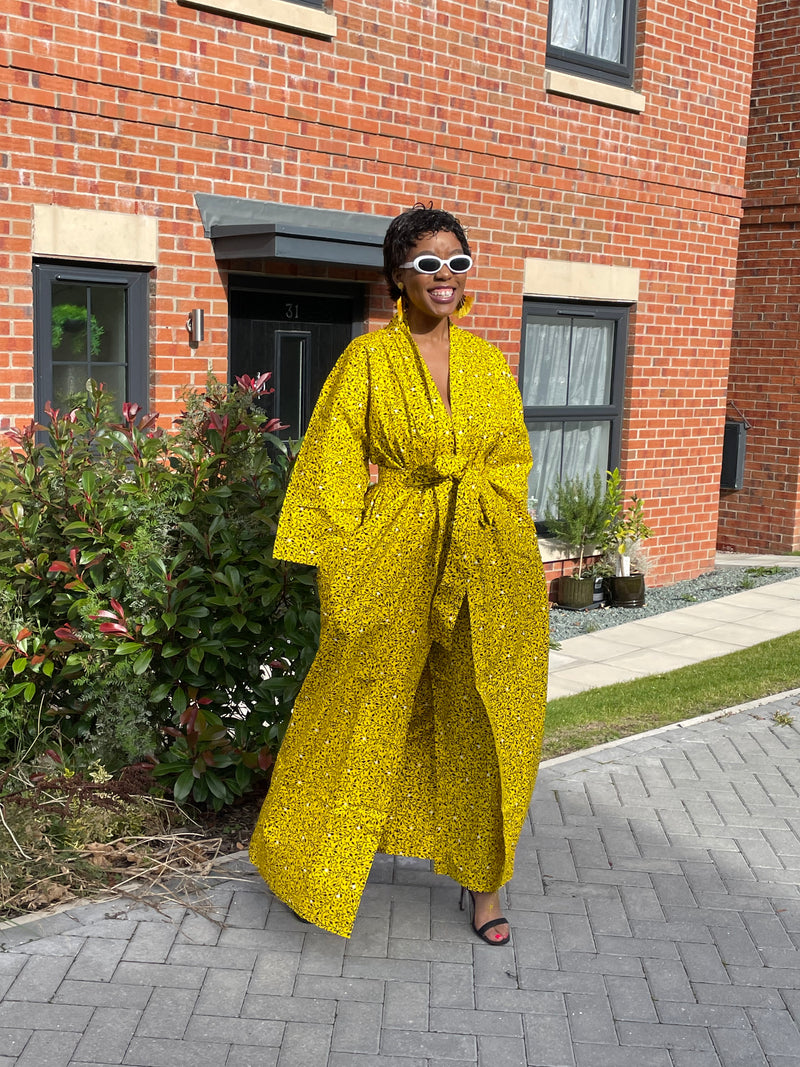 Gladys Ankara Kimono Jacket | Yellow and black African Print