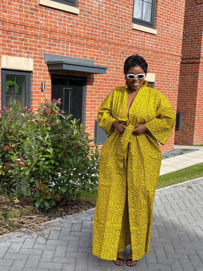 Gladys Ankara Kimono Jacket | Yellow and black African Print