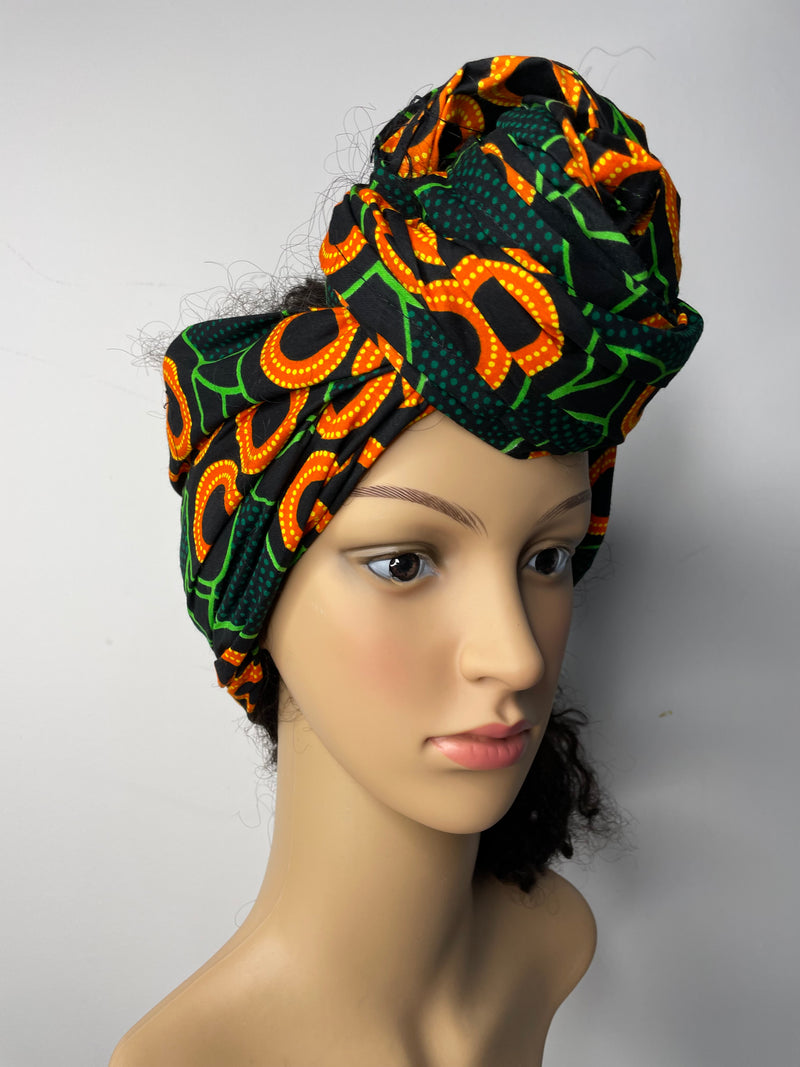 Abigail Ankara Headwrap/Scarf | Green and Orange African Print