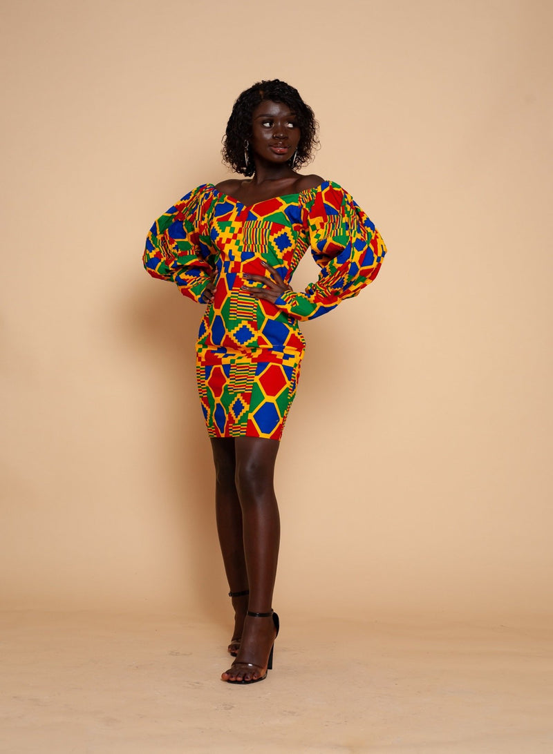 Bunmi Off Shoulder Midi Pencil Dress | Blue and Yellow African Kente Print