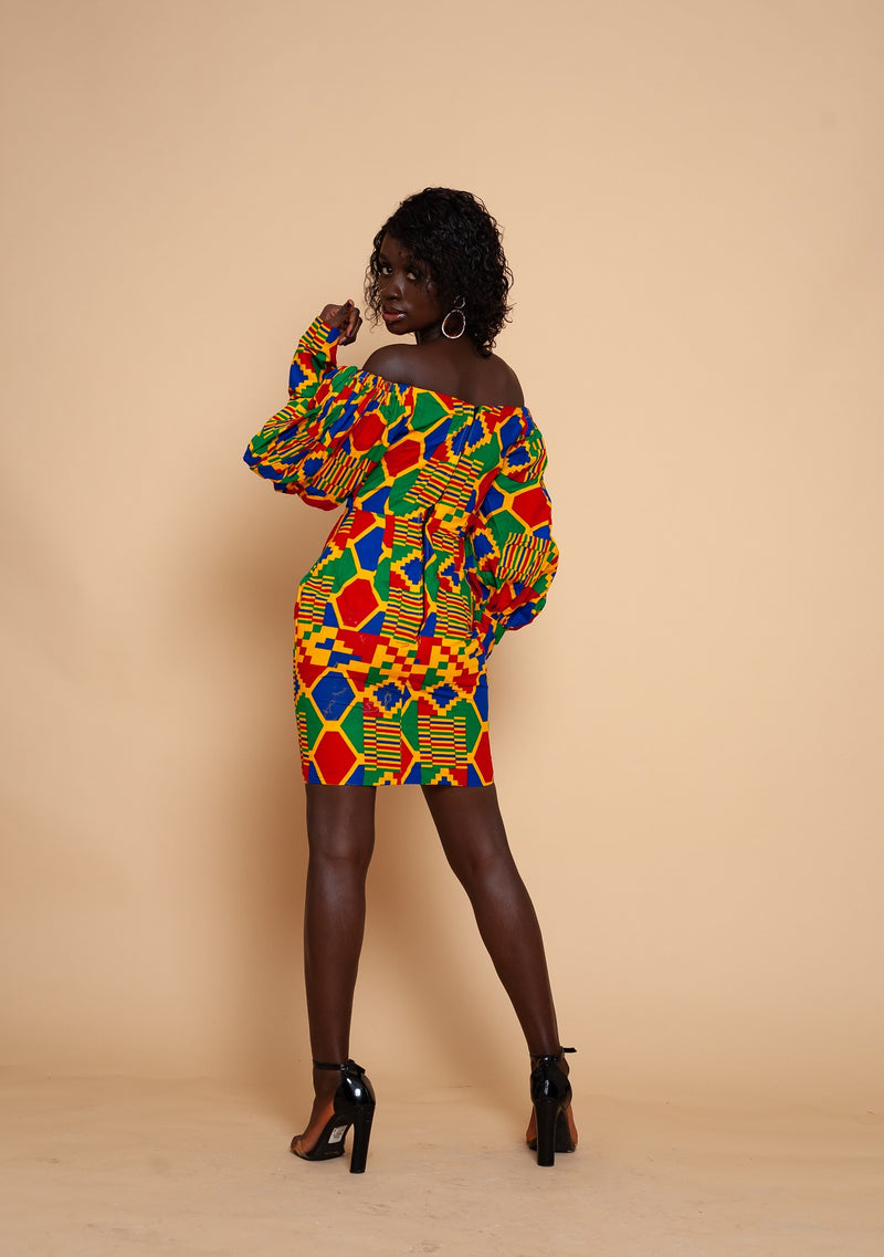 Bunmi Off Shoulder Midi Pencil Dress | Blue and Yellow African Kente Print