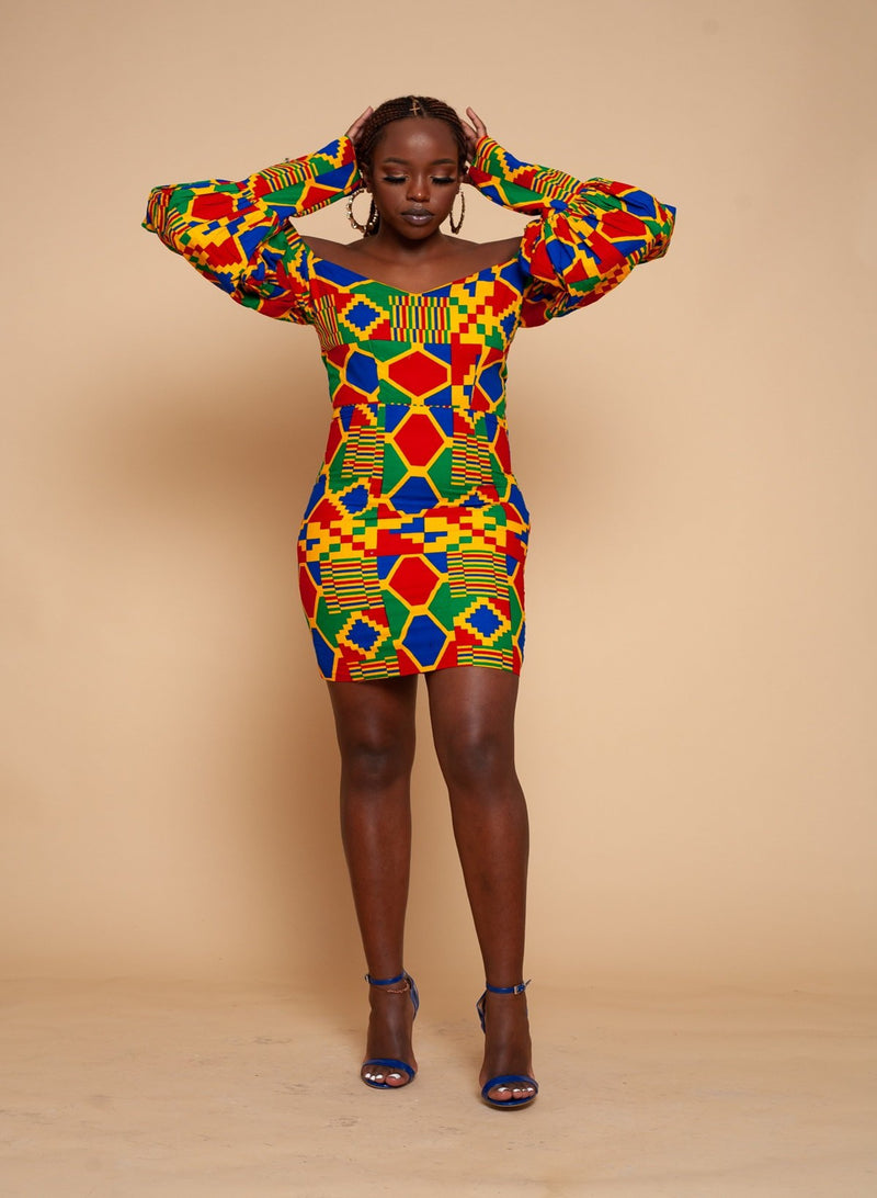 Bunmi Off Shoulder Midi Pencil Dress | Blue and Yellow African Kente Print