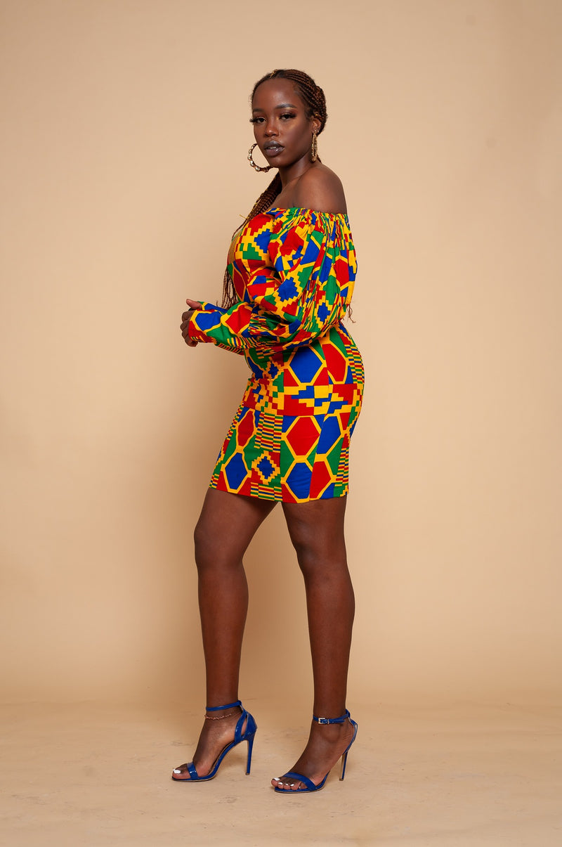 Bunmi Off Shoulder Midi Pencil Dress | Blue and Yellow African Kente Print