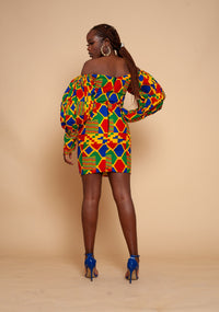 Bunmi Off Shoulder Midi Pencil Dress | Blue and Yellow African Kente Print