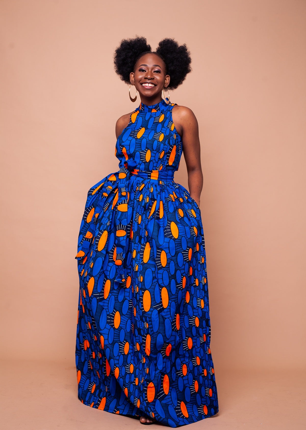 Royal Blue 2024 With Orange Patterned African Ankara Print Long Maxi Dress