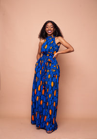 Aubrie Ankara Maxi Dress | Blue and Orange African Print