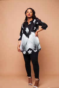 Efua Ankara Tunic Long Top | Black and White African Print