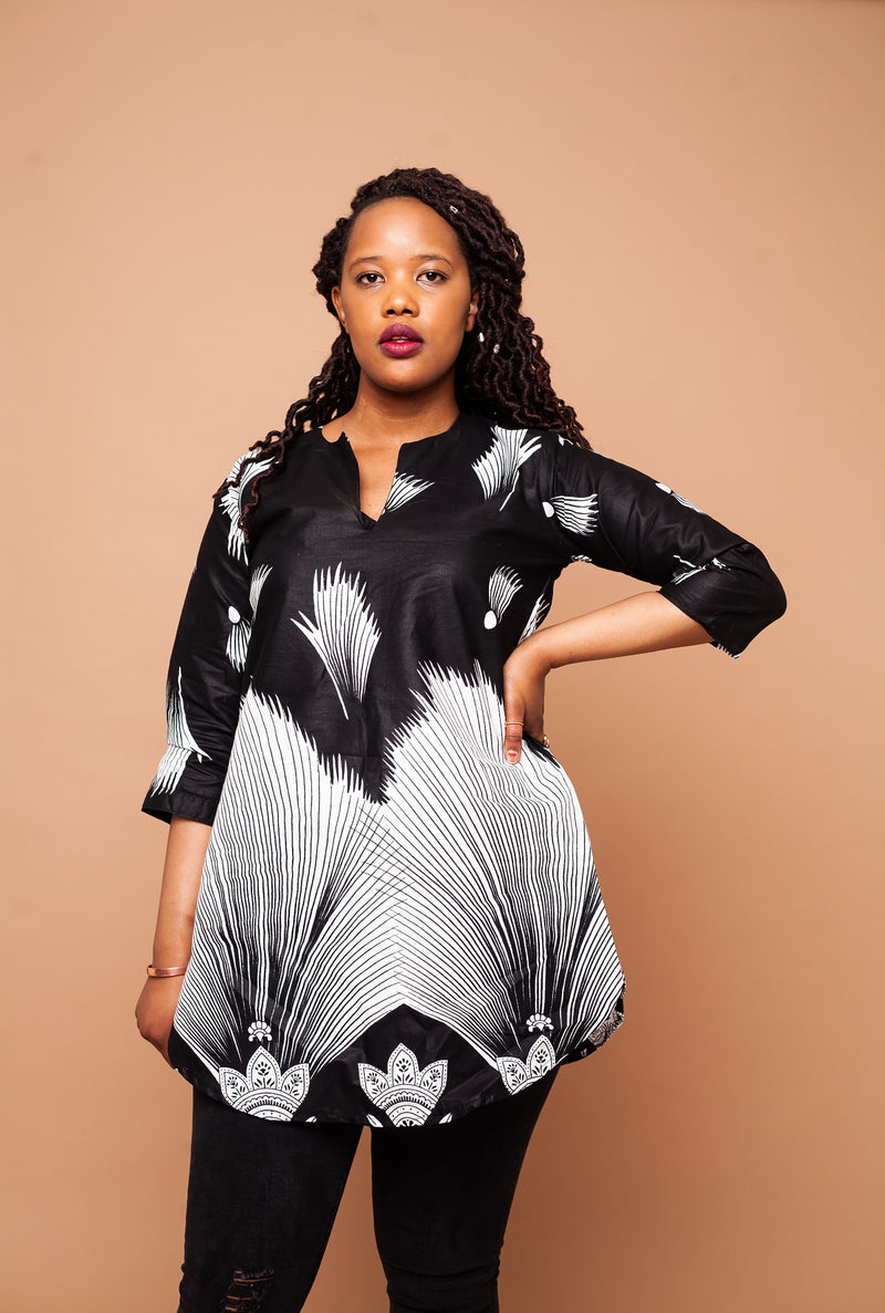 Efua Ankara Tunic Long Top | Black and White African Print