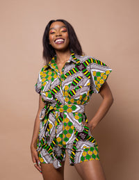 Rianna Ankara Playsuit | White and Yellow African Print