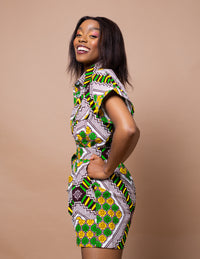 Rianna Ankara Playsuit | White and Yellow African Print