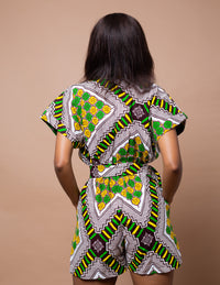 Rianna Ankara Playsuit | White and Yellow African Print