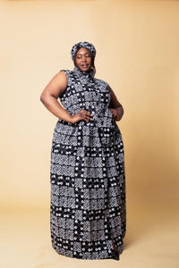 Alkeba Ankara Maxi Dress | Black and White African Tribal Print