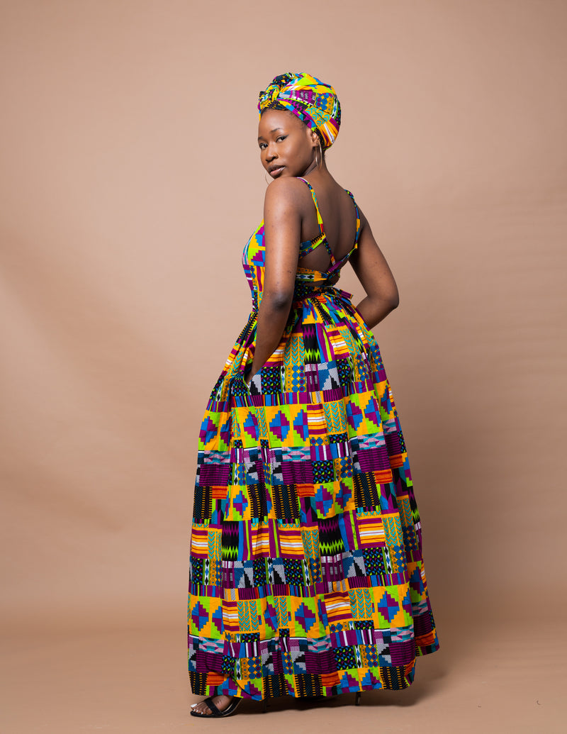 Dolly Ankara Maxi Dress | Yellow Multicolored African Tribal Print