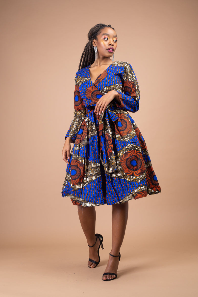 Jayne Ankara Midi Dress | Blue and Brown African Print