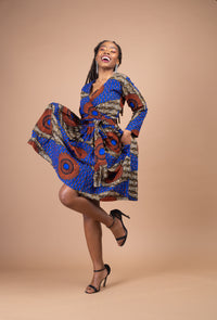 Jayne Ankara Midi Dress | Blue and Brown African Print