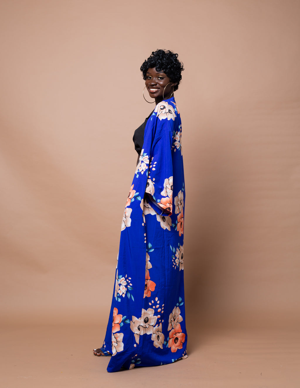 Anie Long Kimono Jacket | Blue Floral Print