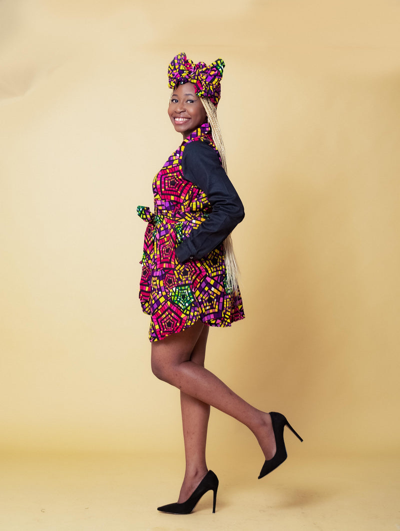 Dahila Ankara Short Shirt Dress | Pink and Purple Multicoloured African Print