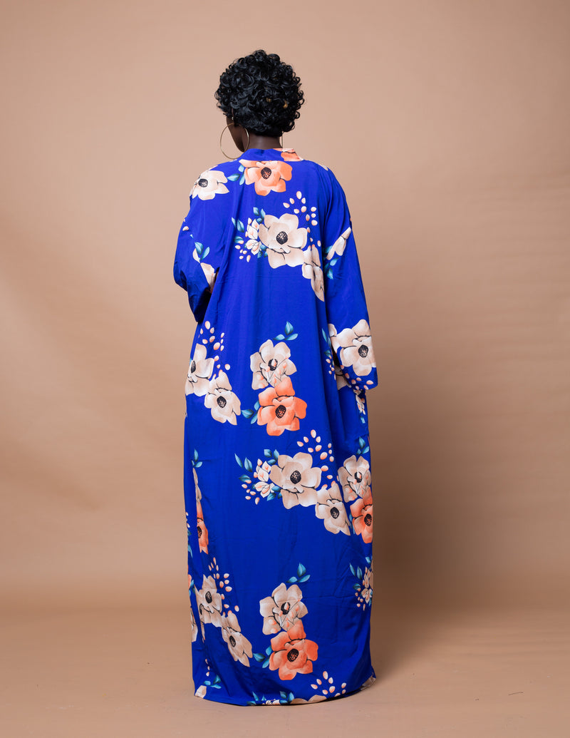 Anie Long Kimono Jacket | Blue Floral Print