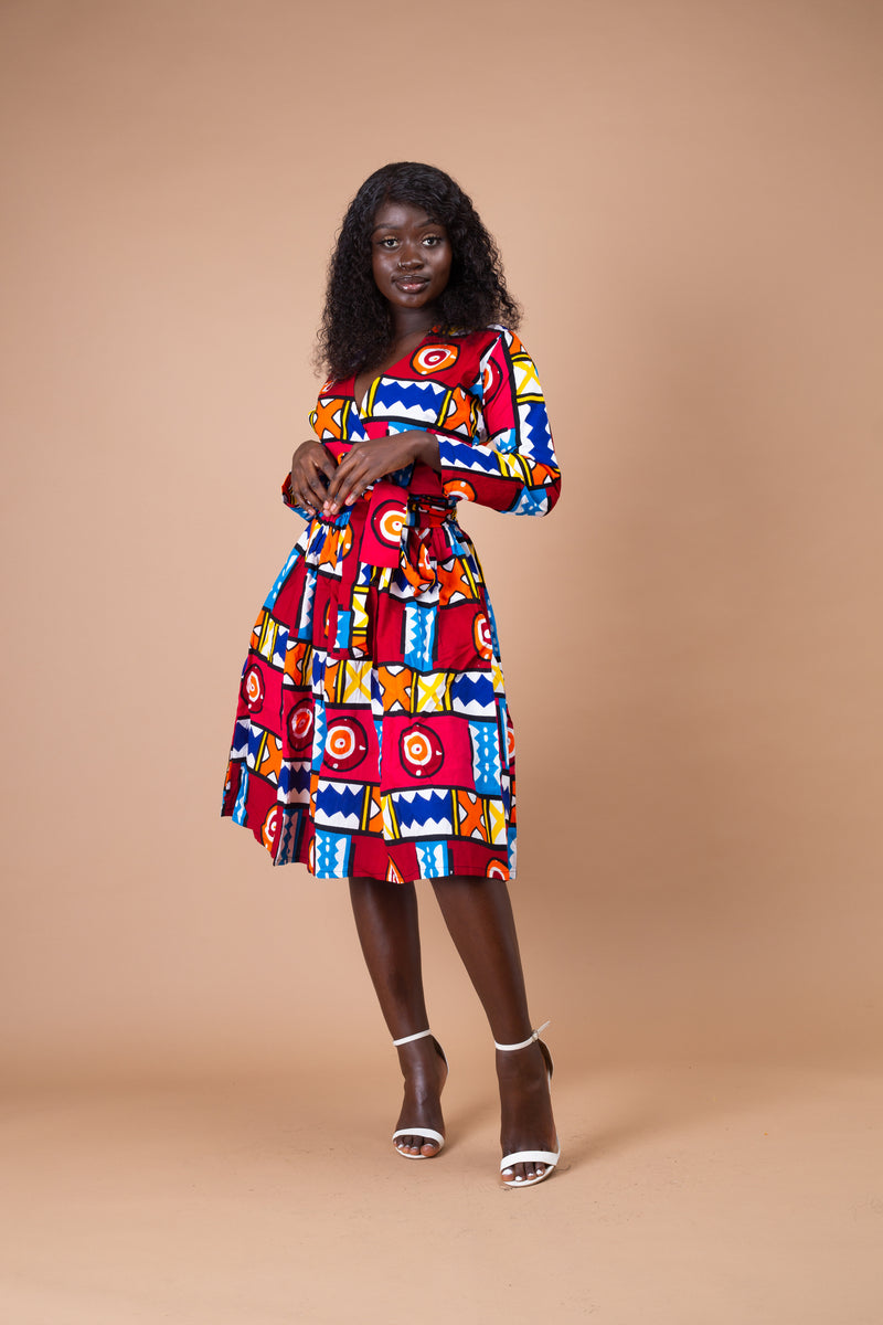 Jessica Ankara Wrap Midi Dress | Red and White Multicolored African Print