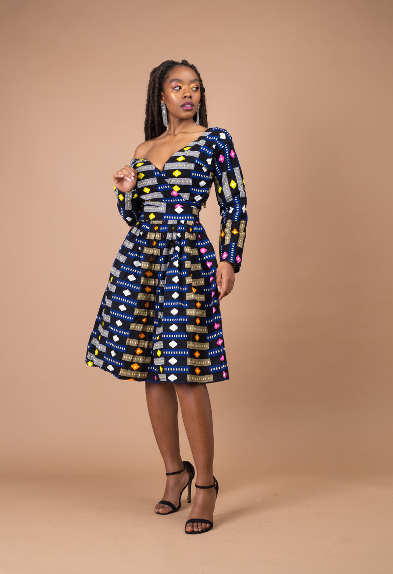 Joy Ankara Midi Dress | Yellow and Blue Multicolored African Print