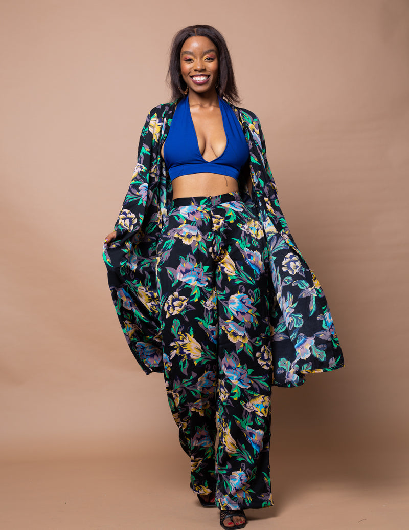 Akunna Long Kimono Jacket | Black and Green Multicoloured Floral print