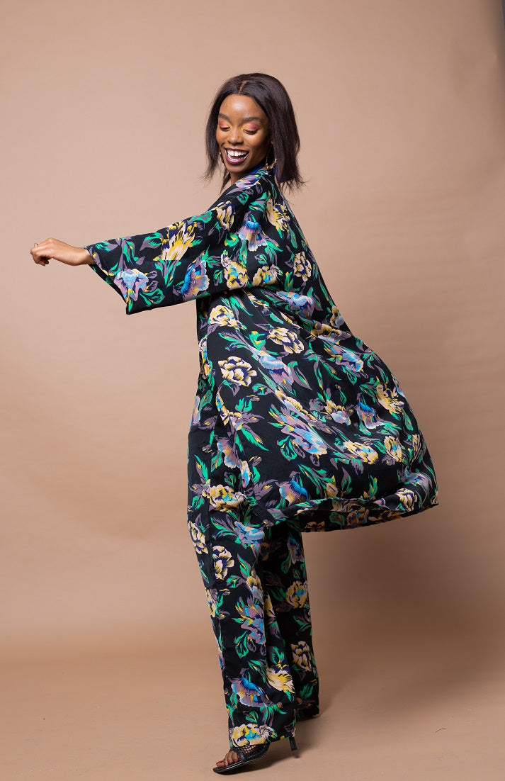 Akunna Long Kimono Jacket | Black and Green Multicoloured Floral print