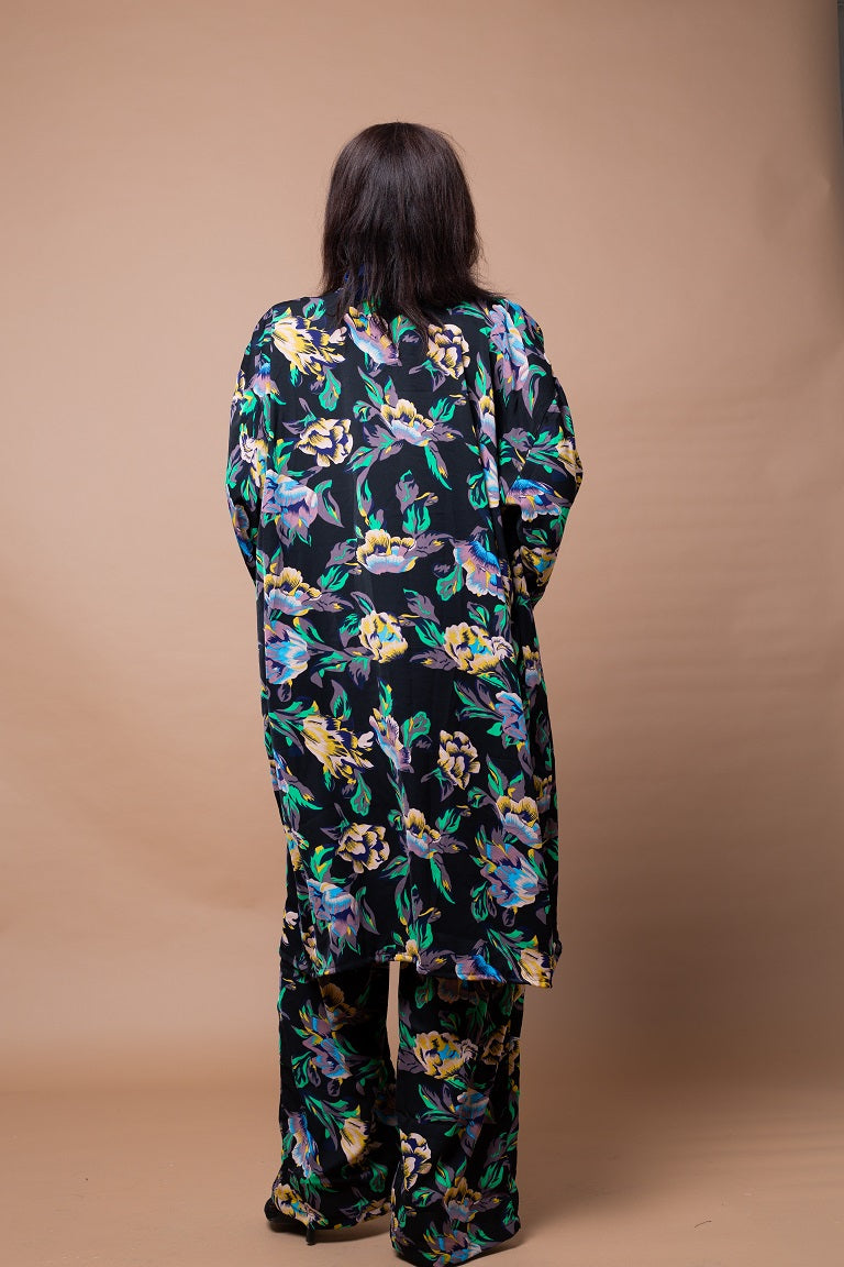 Akunna Long Kimono Jacket | Black and Green Multicoloured Floral print