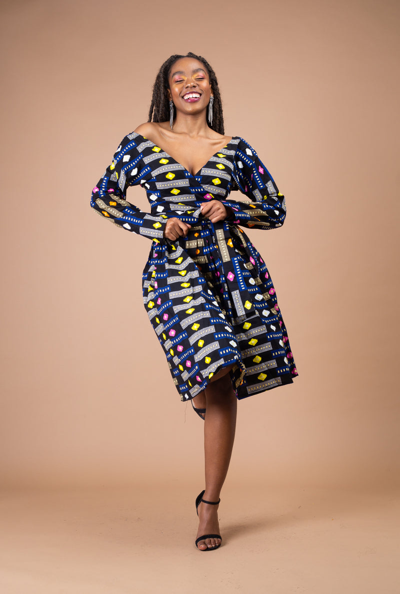 Joy Ankara Midi Dress | Yellow and Blue Multicolored African Print