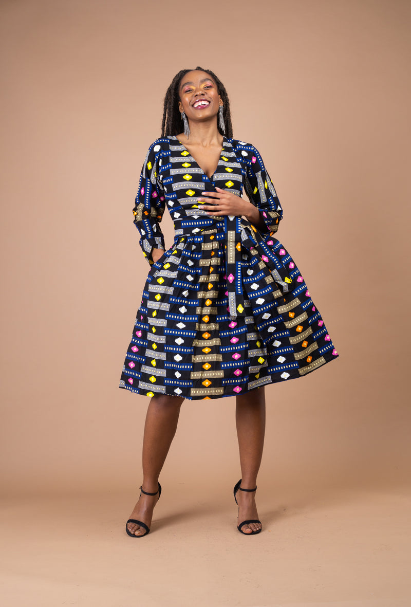 Joy Ankara Midi Dress | Yellow and Blue Multicolored African Print