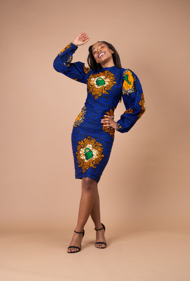 Machie Ankara Midi Pencil Dress | Blue African Print