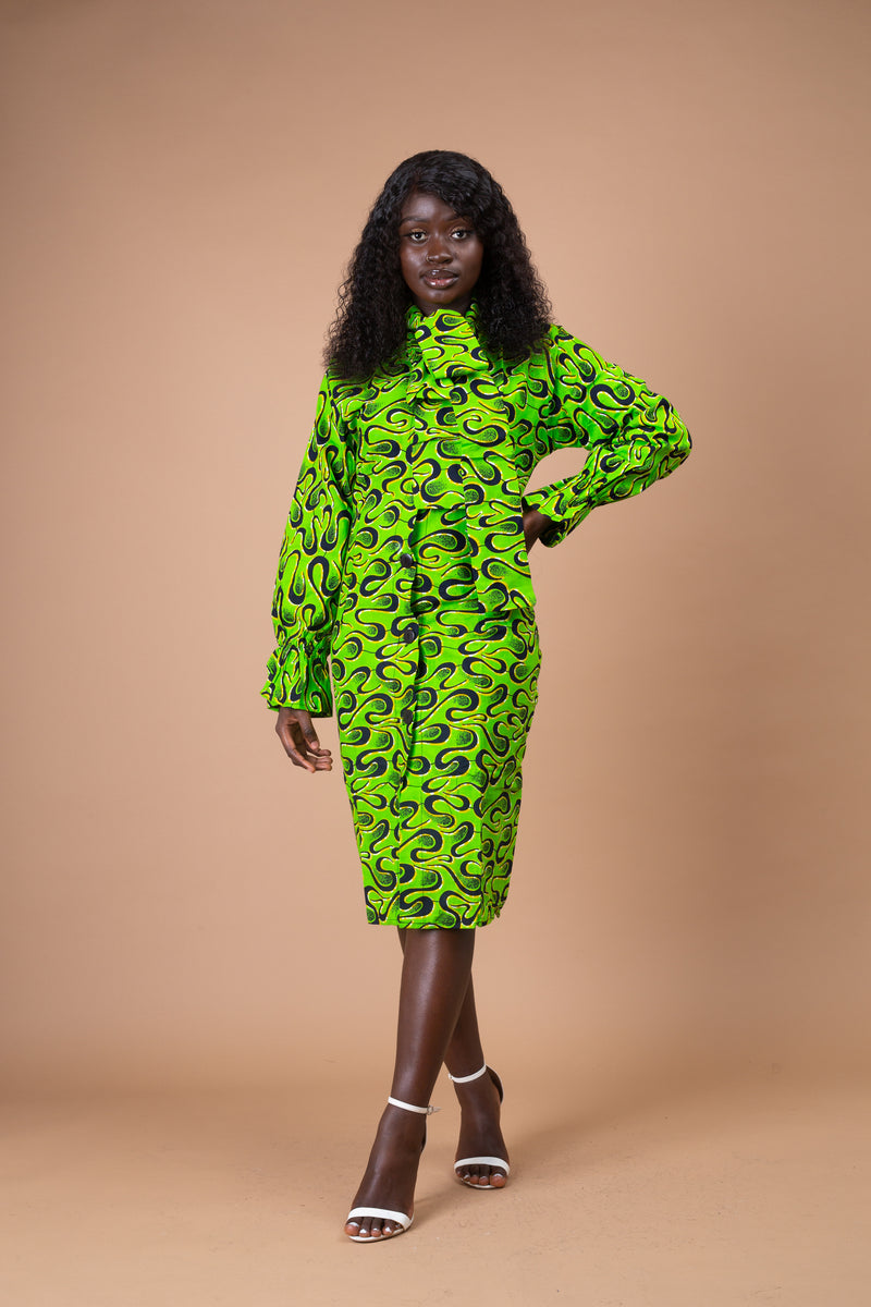 Effiong Ankara Button Down Shirt Dress | Green African Print