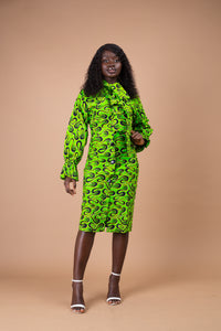 Effiong Ankara Button Down Shirt Dress | Green African Print