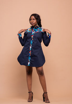 Dakota Button Down Shirt Dress | Navy Blue and  Ankara African Print