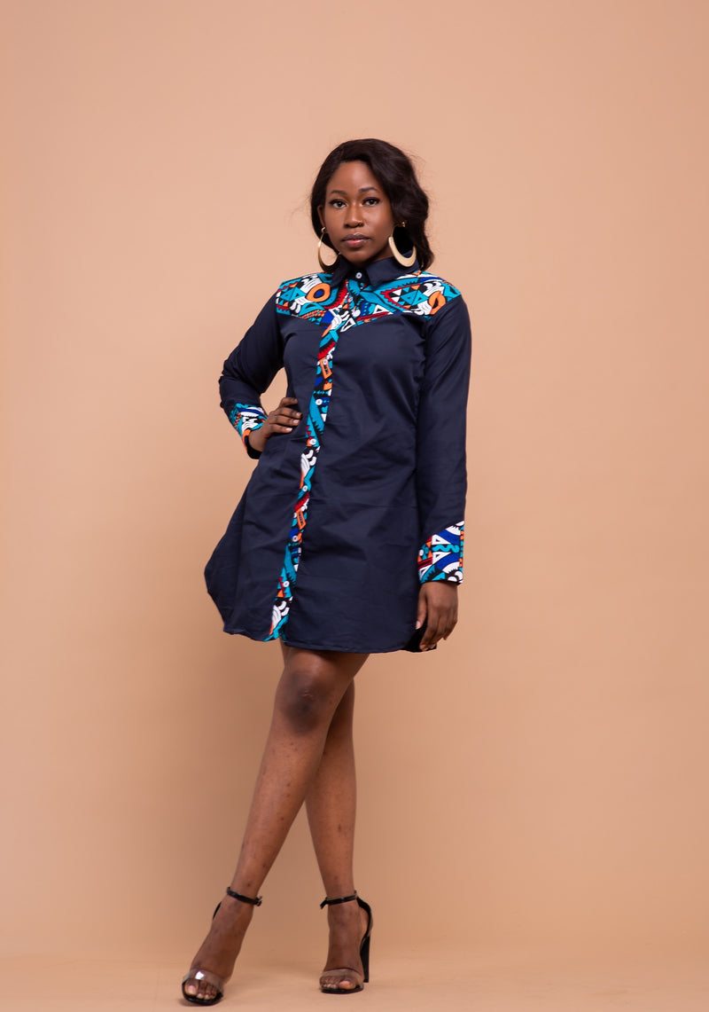 Dakota Button Down Shirt Dress | Navy Blue and  Ankara African Print