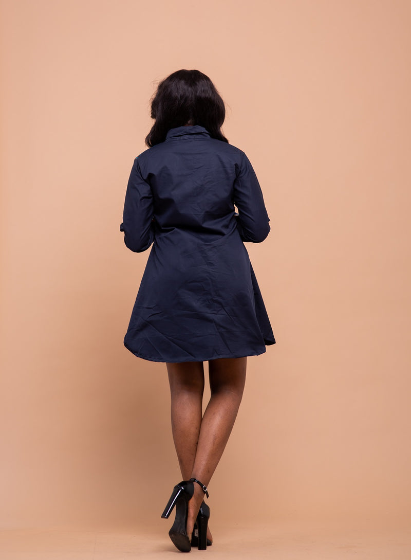 Dakota Button Down Shirt Dress | Navy Blue and  Ankara African Print