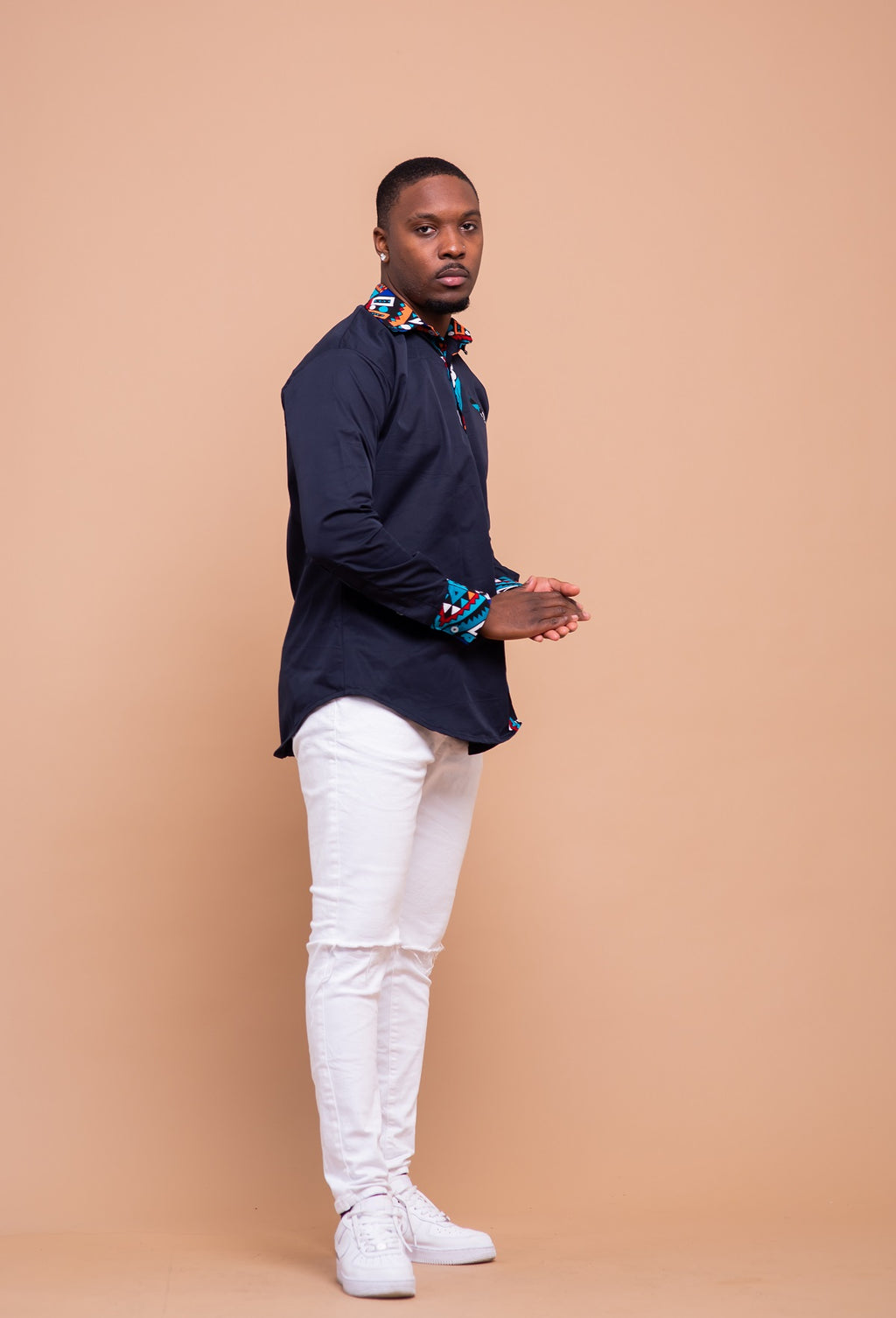Dakota Ankara Men Shirt | Navy Blue and African Mixed Print