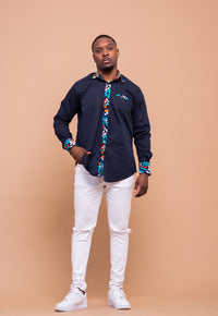 Dakota Ankara Men Shirt | Navy Blue and African Mixed Print