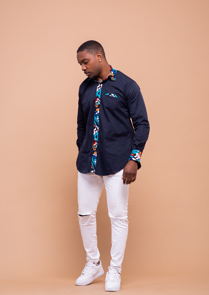 Dakota Ankara Men Shirt | Navy Blue and African Mixed Print