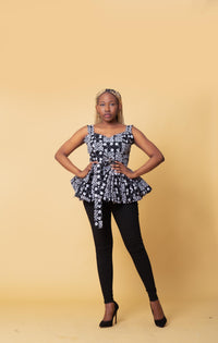 Monica Ankara Sleeveless Peplum Top | Black and White African Print